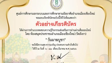 แบบทดสอบออนไลน์ เรื่อง "วันมาฆบูชา " เป็นวันสำคัญทางพระพุทธศาสนาชาวไทย จัดทำโดยห้องสมุดประชาชนอำเภอเมือง เชียงใหม่ ผ่านเกณฑ์รับเกียรติบัตรทาง E-mail