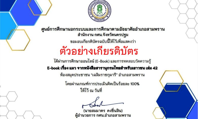 แบบทดสอบออนไลน์ เรื่อง แมว จากหนังสือสารานุกรมไทยสำหรับเยาวชน เล่ม 42 โดยห้องสมุดประชาชน "เฉลิมราชกุมารี" อำเภอสามพราน ผ่านเกณฑ์รับเกียรติบัตรทาง E-mail
